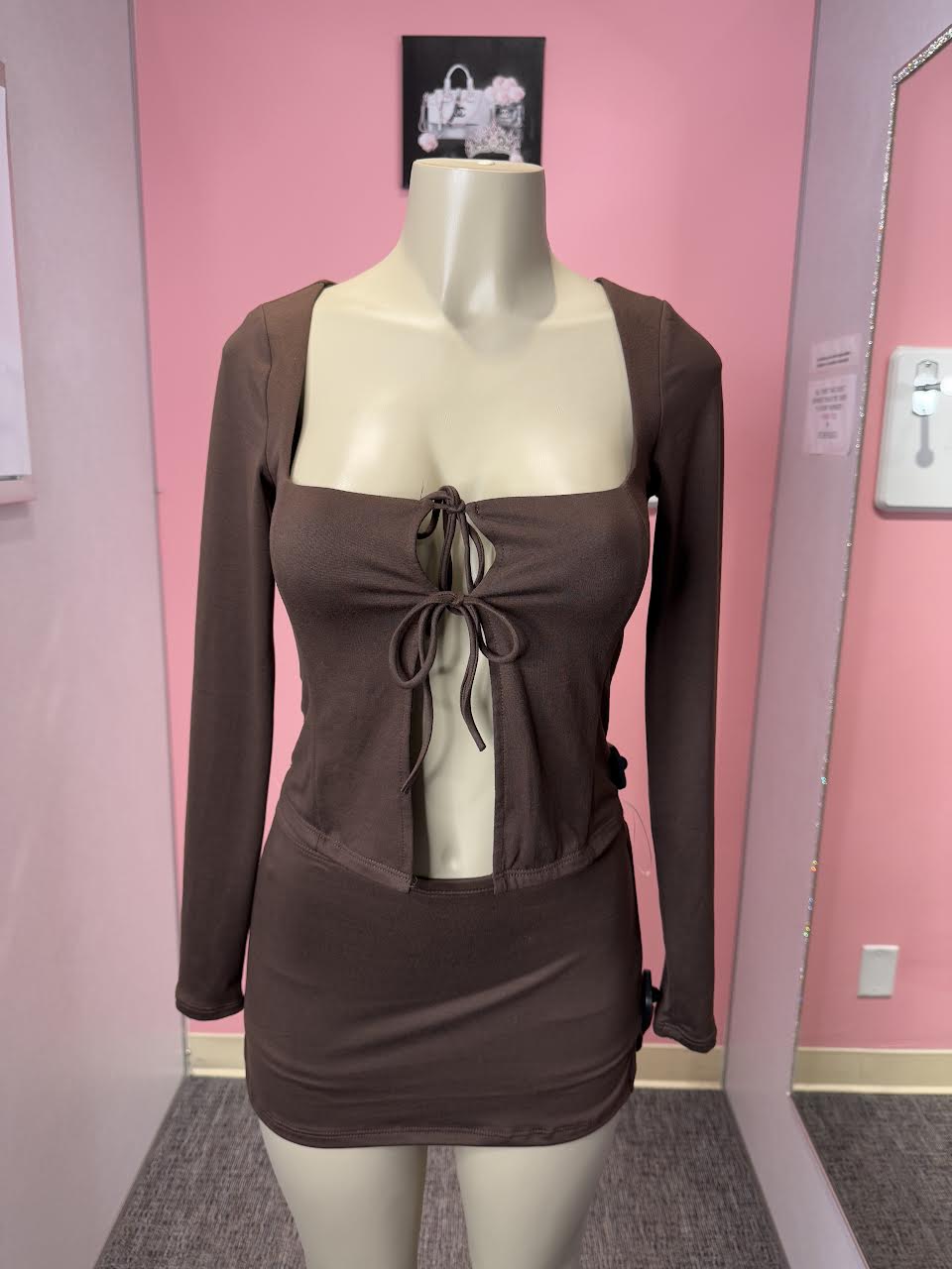 Brown stacy long sleeve double bow top