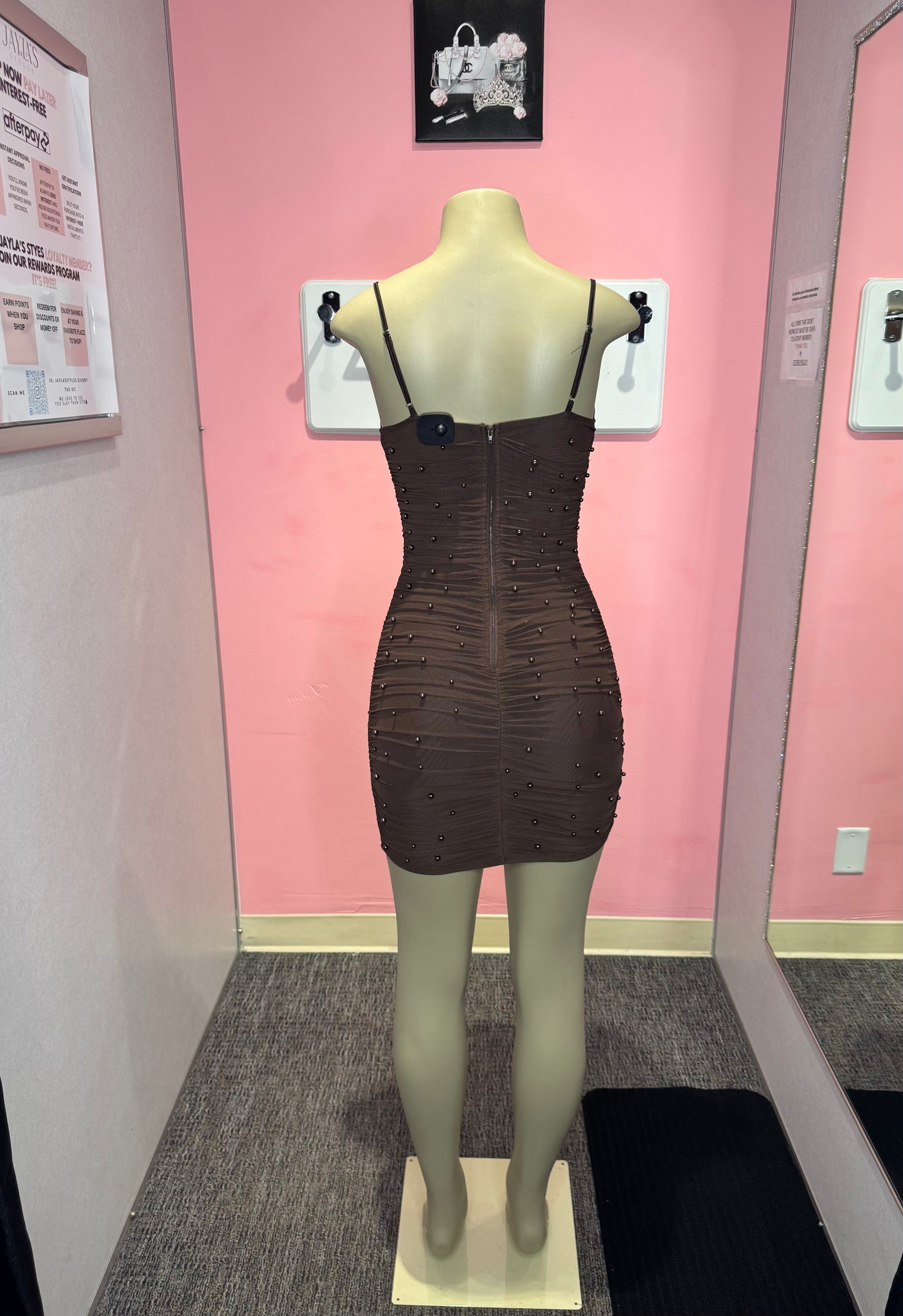 Chocolate ruched Pearl mini dress