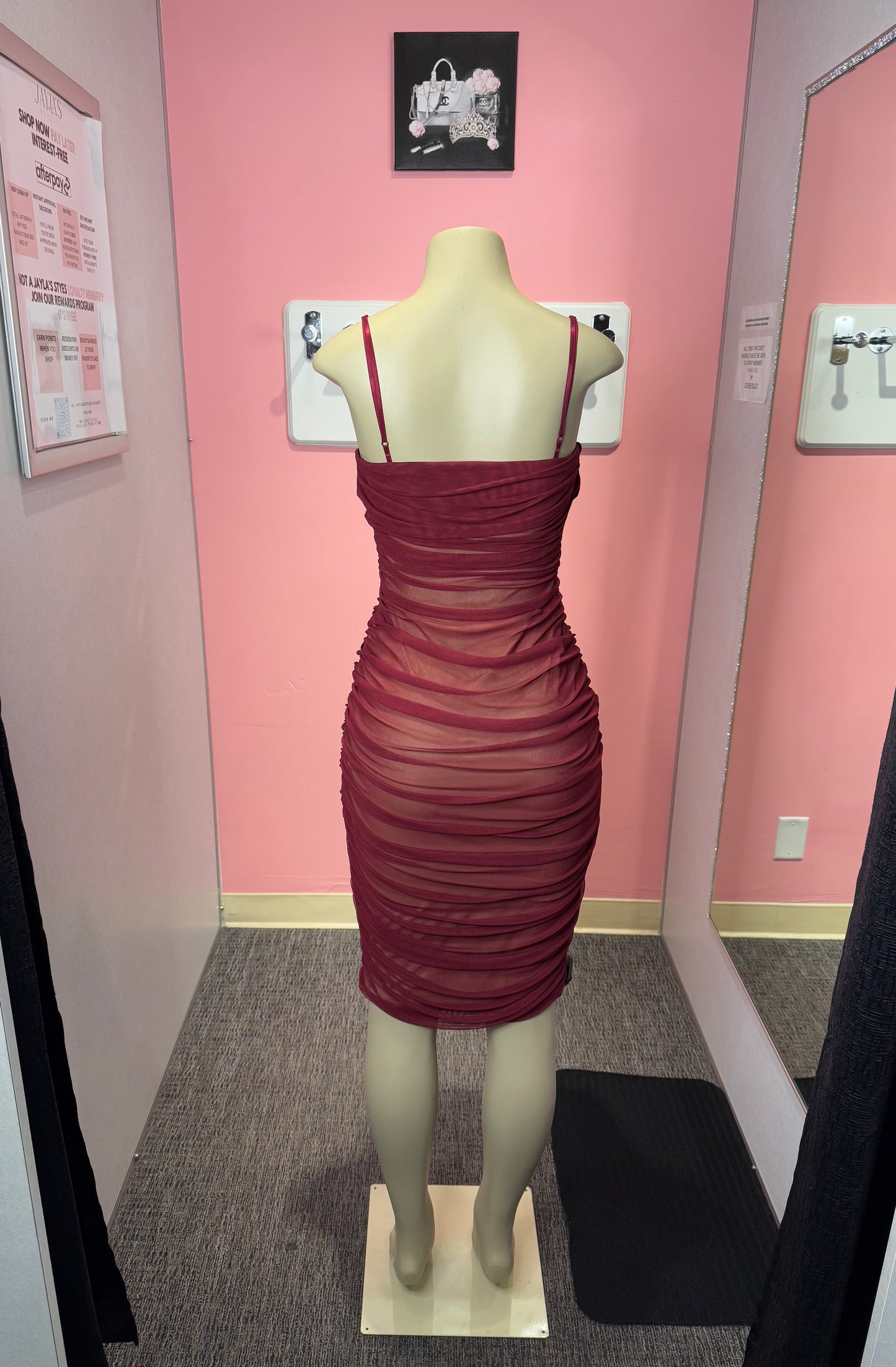 Burgundy/nude mesh dress