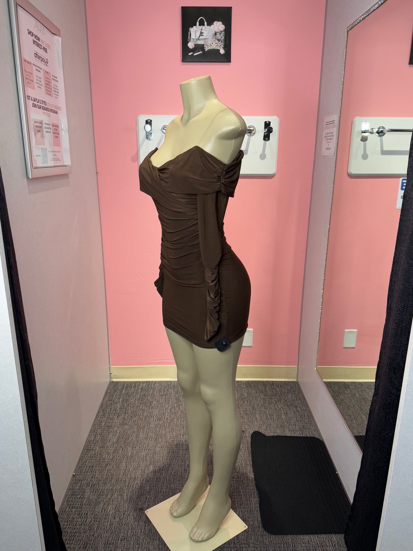 Brown tessa long sleeve ruched mini dress
