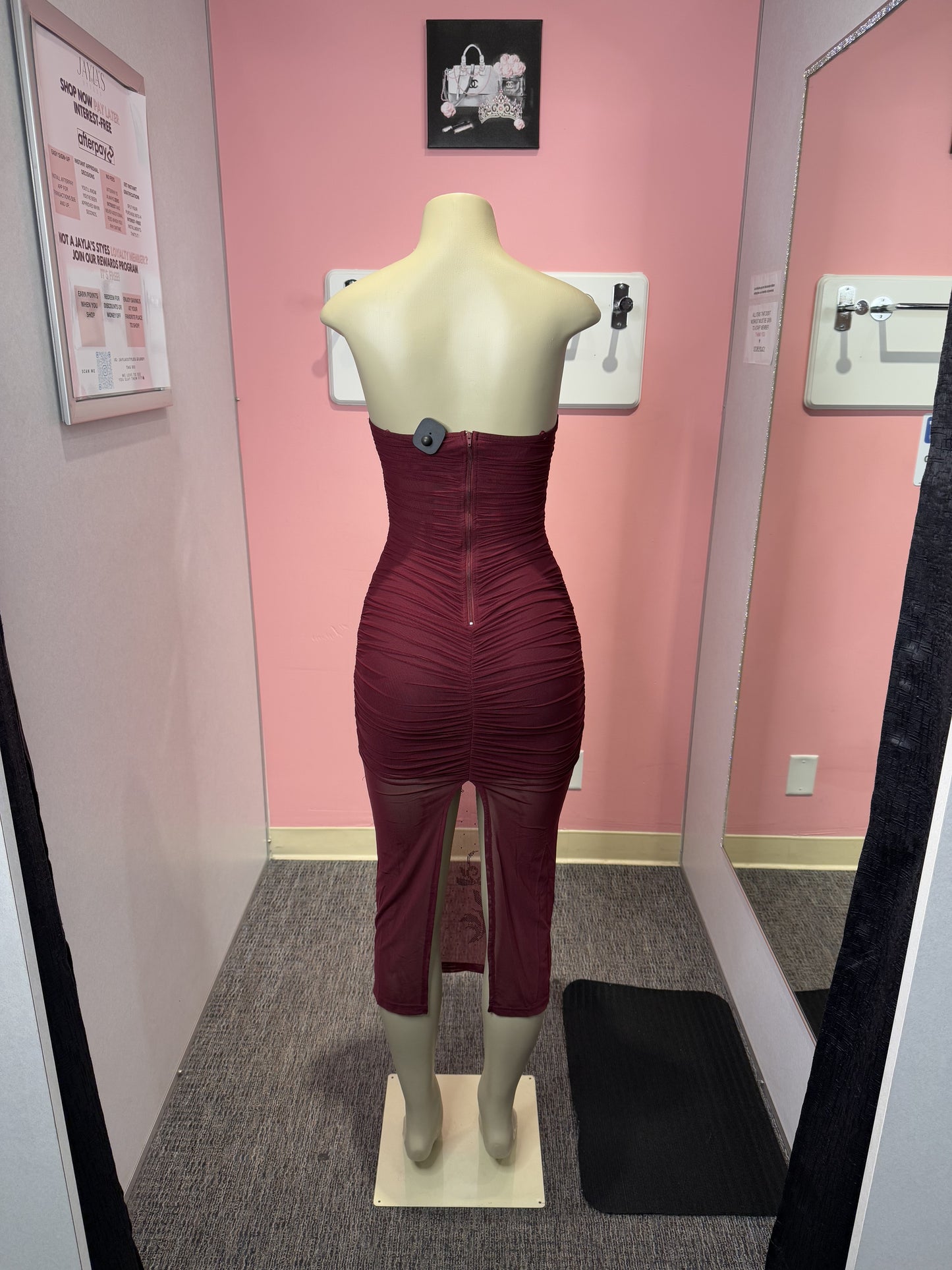 Flower diamond print burgundy mesh tube dress
