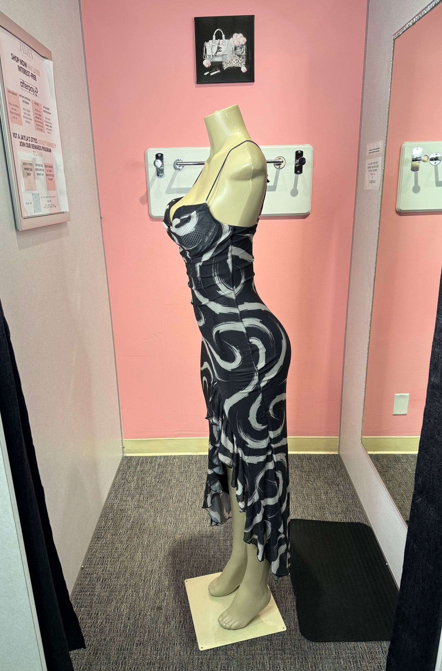 Black and cream print mesh dress