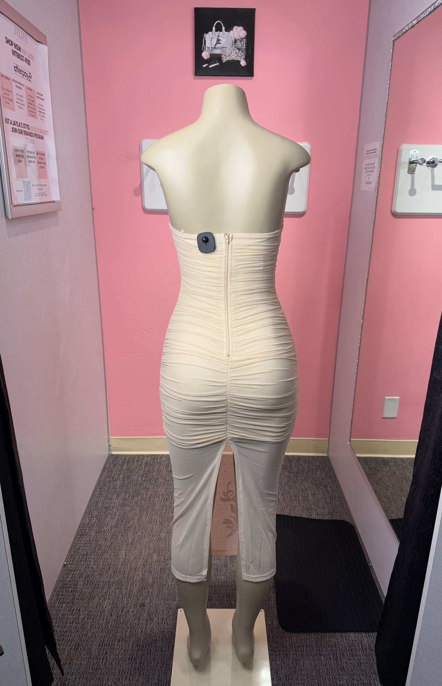Flower diamond print cream mesh tube dress