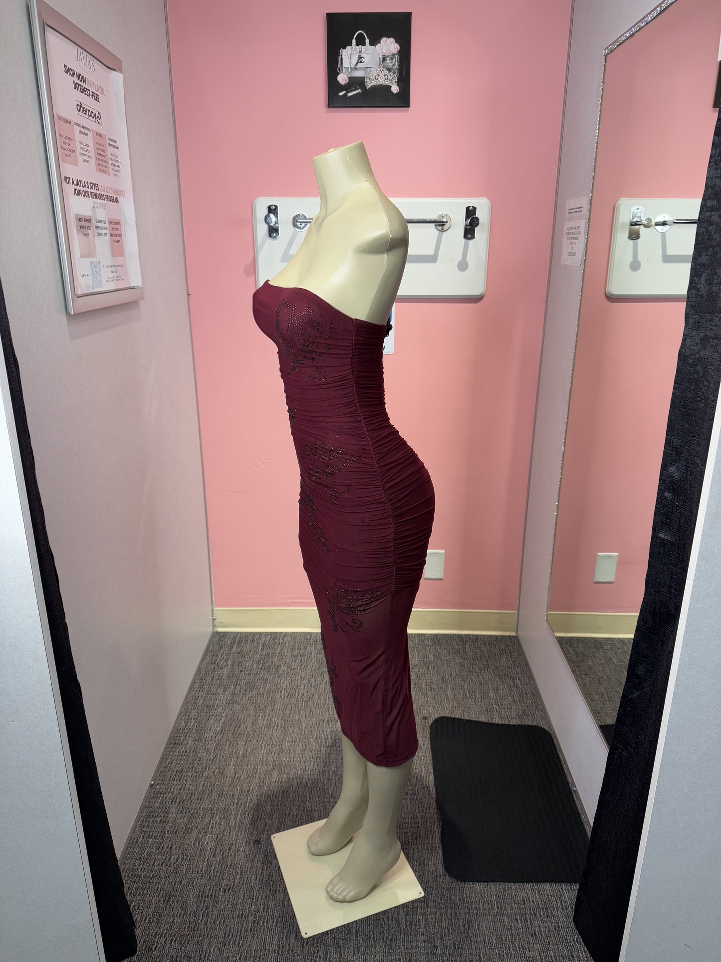 Flower diamond print burgundy mesh tube dress