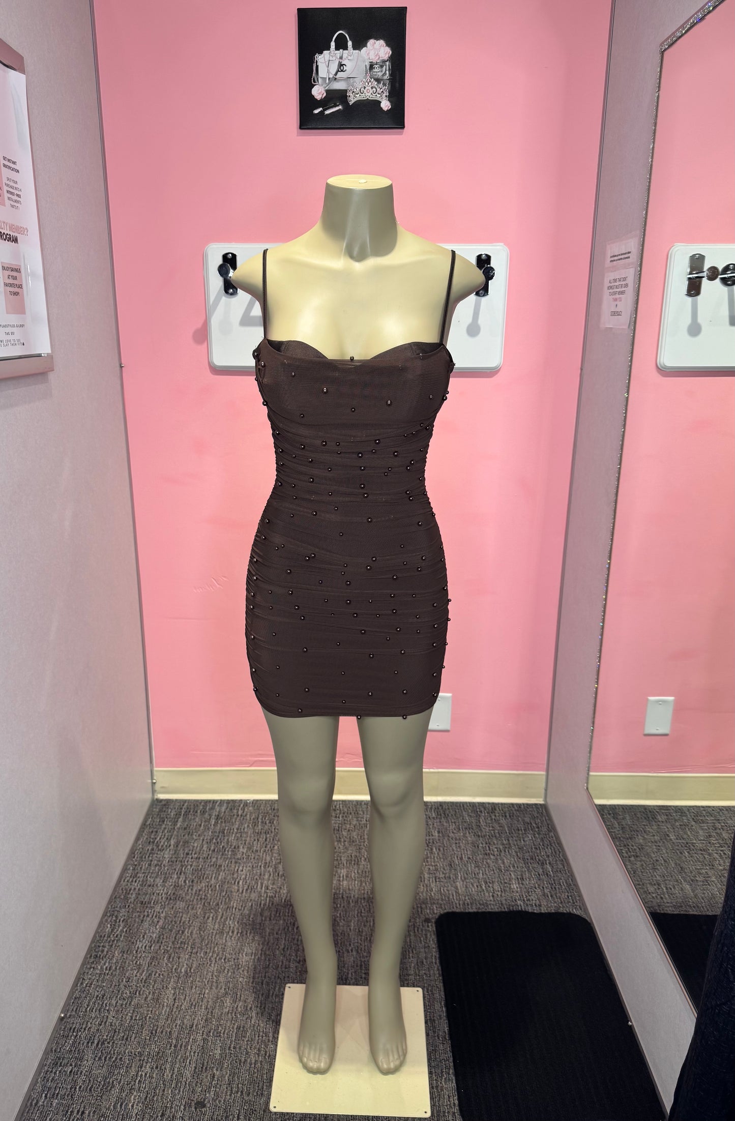 Chocolate ruched Pearl mini dress