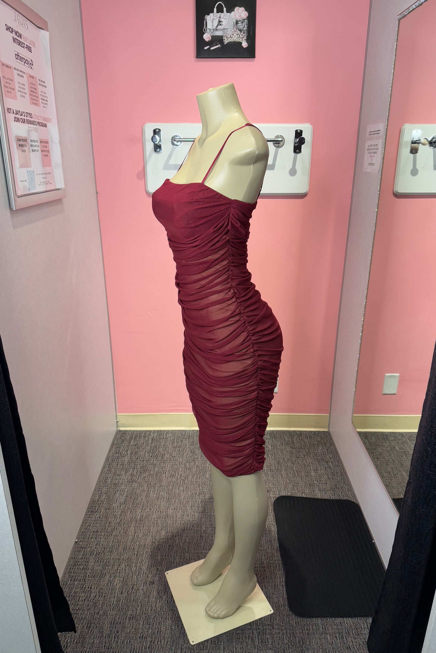 Burgundy/nude mesh dress