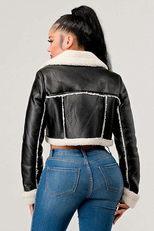 Black Cropped leather jacket w/ fur