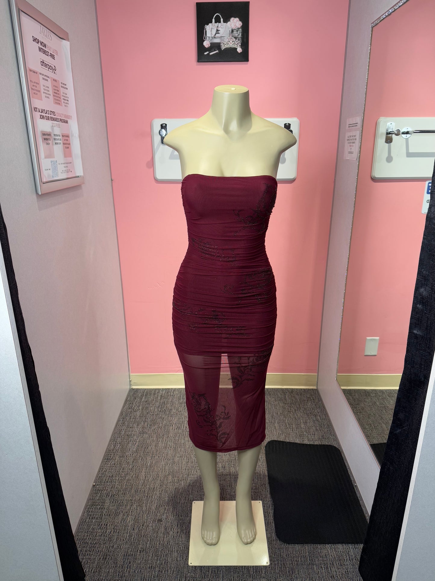 Flower diamond print burgundy mesh tube dress