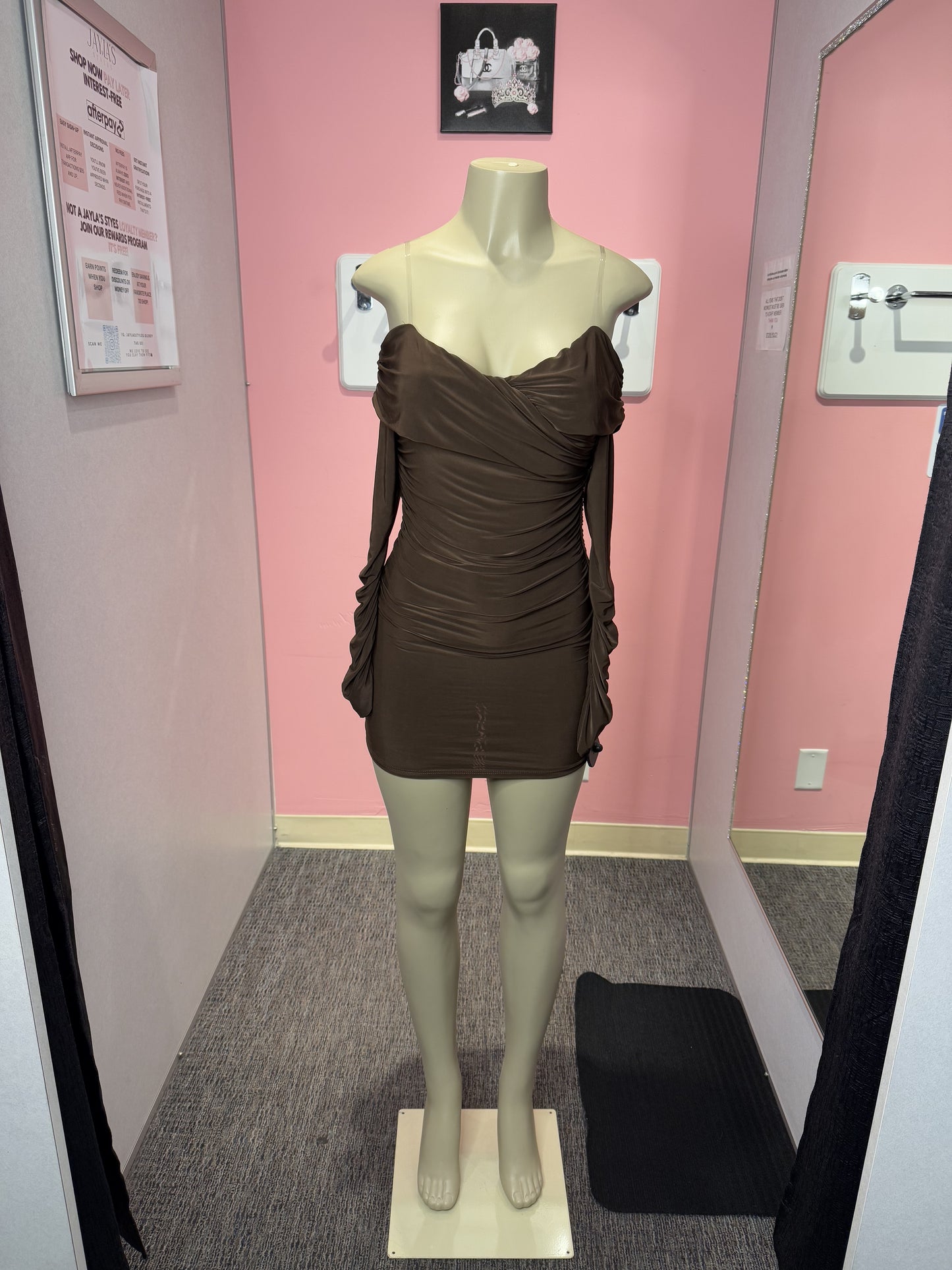 Brown tessa long sleeve ruched mini dress