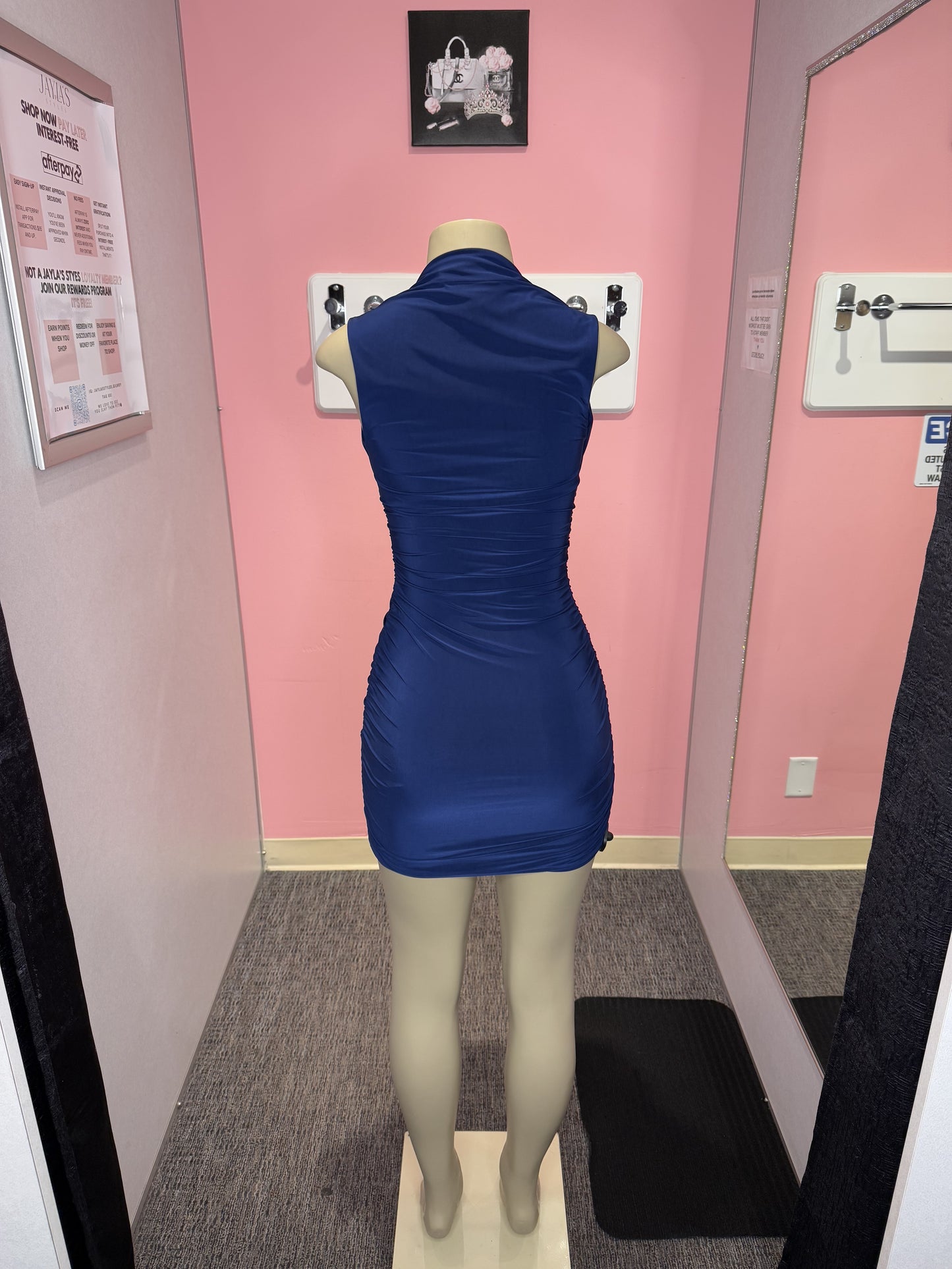 Navy satin square neck mini dress