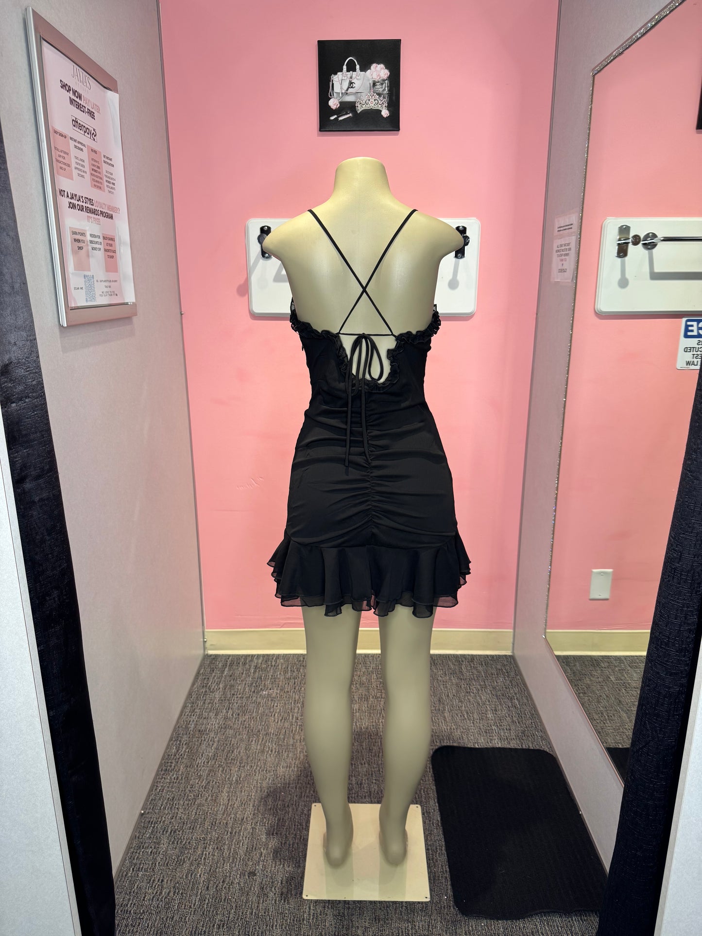 Anissa black ruffle tie dress