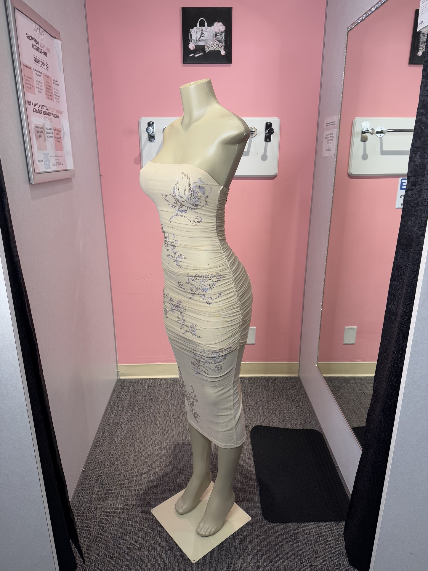 Flower diamond print cream mesh tube dress