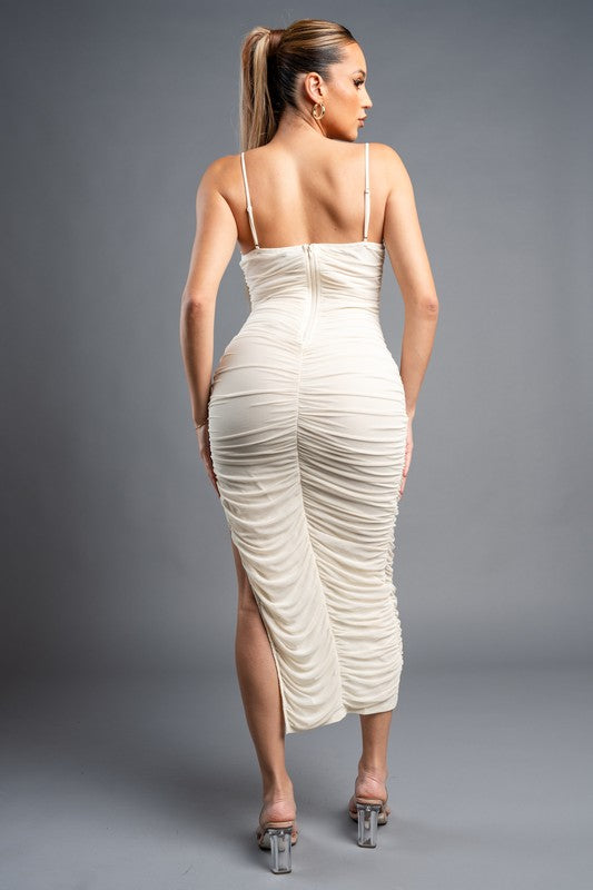 Ruched shirring mesh cream midi