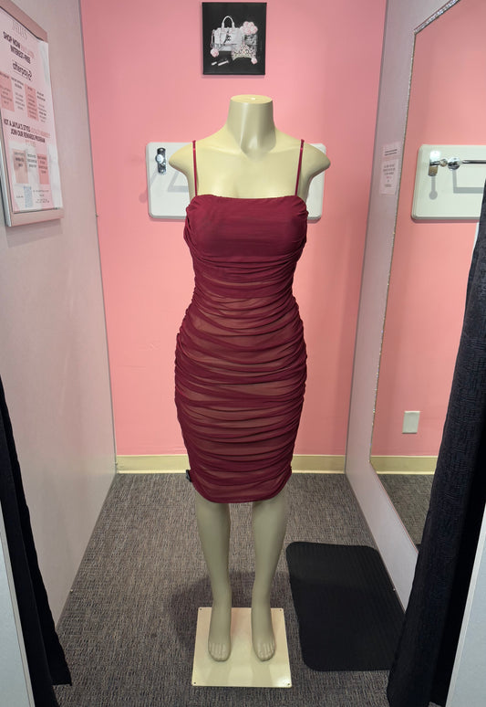 Burgundy/nude mesh dress