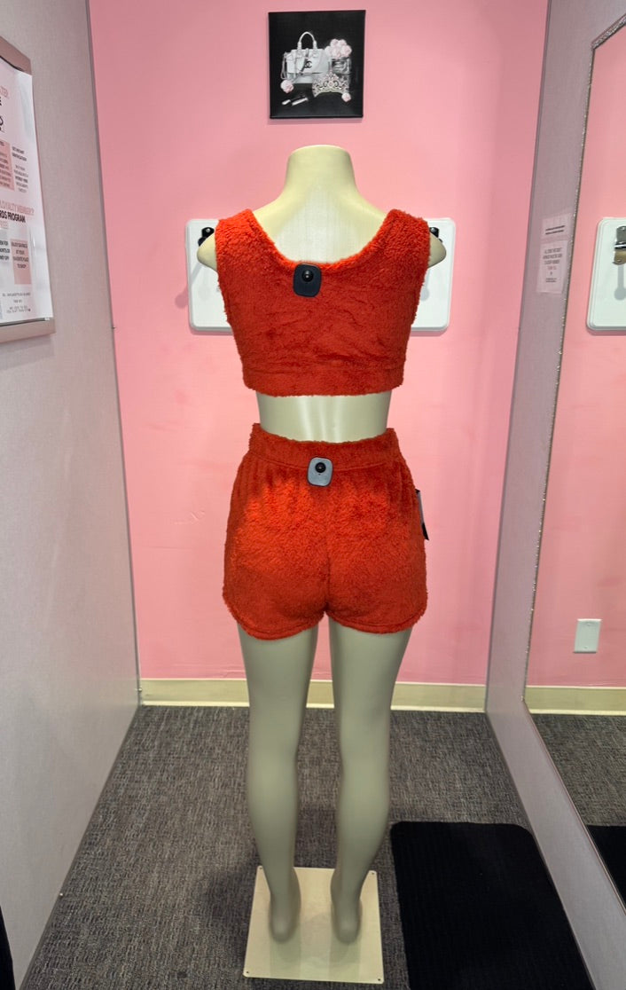 Red plush short set