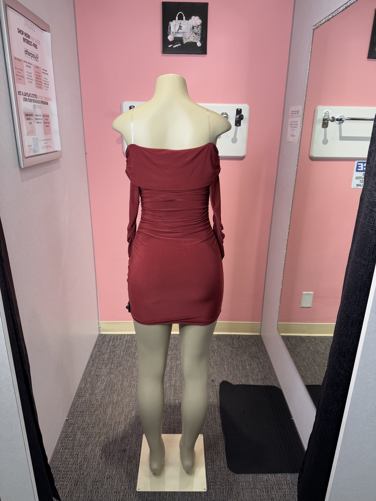 Burgundy tessa long sleeve ruched dress mini