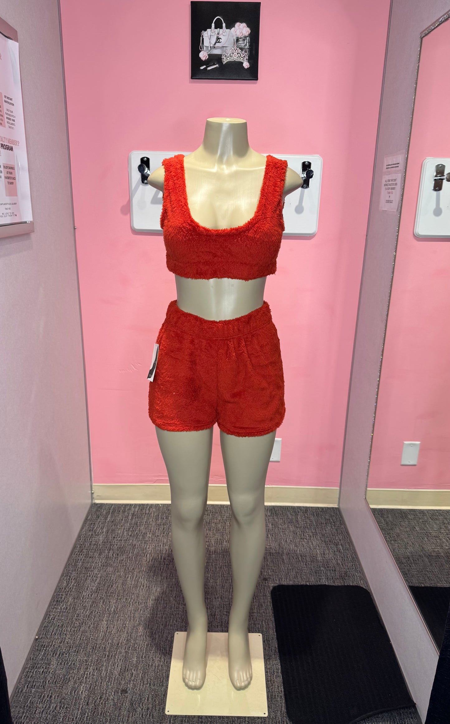 Red plush short set