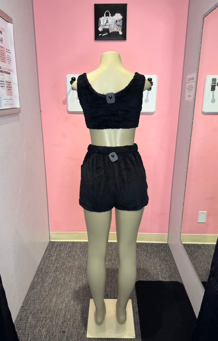 Black plush short set