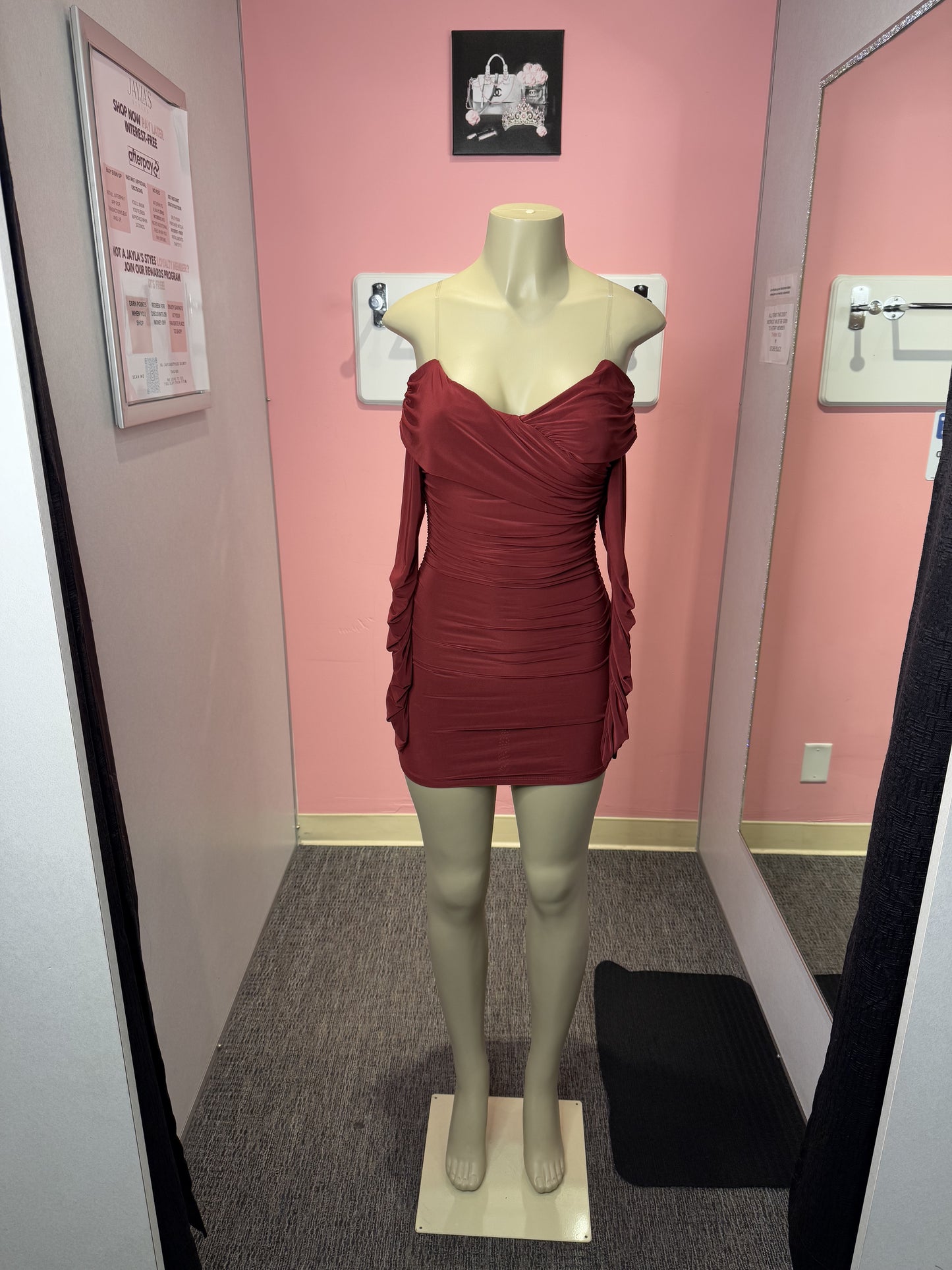 Burgundy tessa long sleeve ruched dress mini