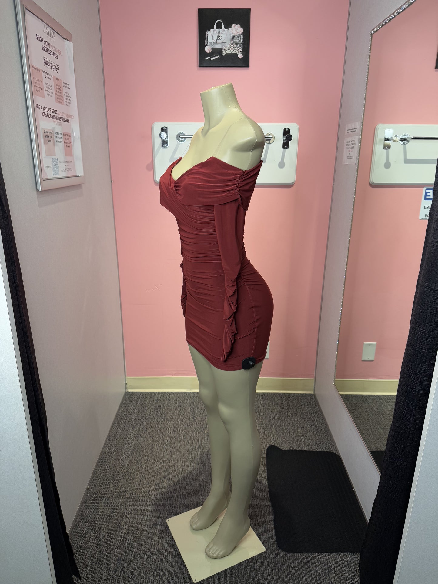 Burgundy tessa long sleeve ruched dress mini